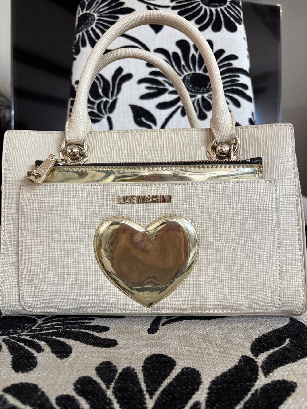 Love Moschino Cream Satchel with Gold Heart Detail